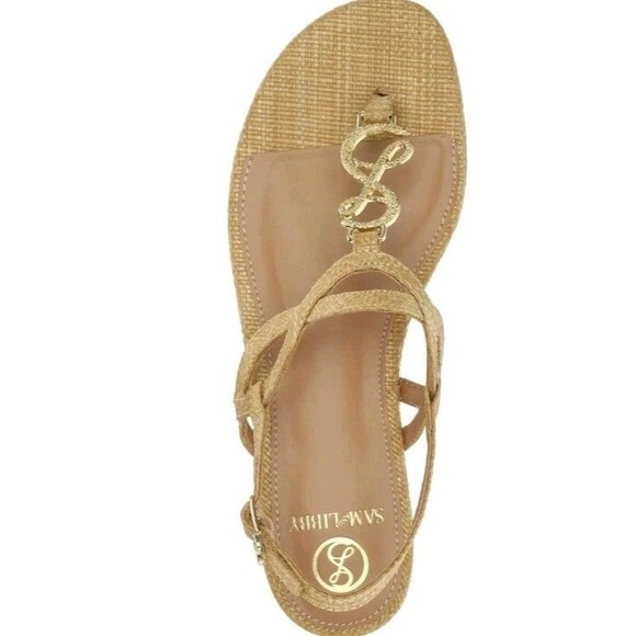 Sam & Libby Womens 7 M Thong Logo Sandals Adjustable T Strap Flats Tan Gold - Picture 1 of 7